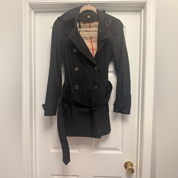 Authentic Burberry Brit Trench Coat Size 4 in Black with Belt & Hood With Rim - Picture 2 of 15